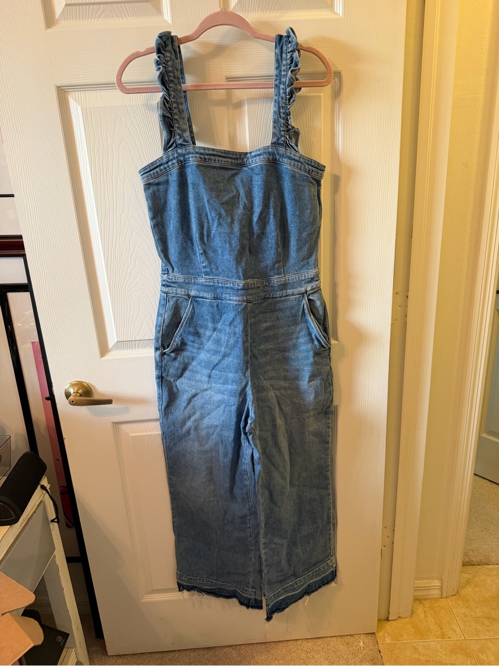 Blank NYC Light Blue Denim Wide-Leg Jumpsuit with Ruffle Straps